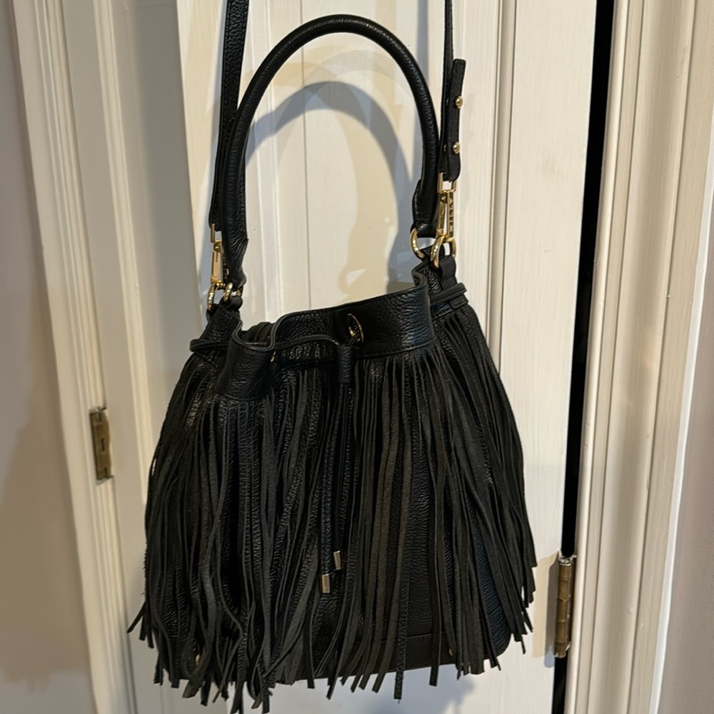 Milly black fringe leather crossbody handbag